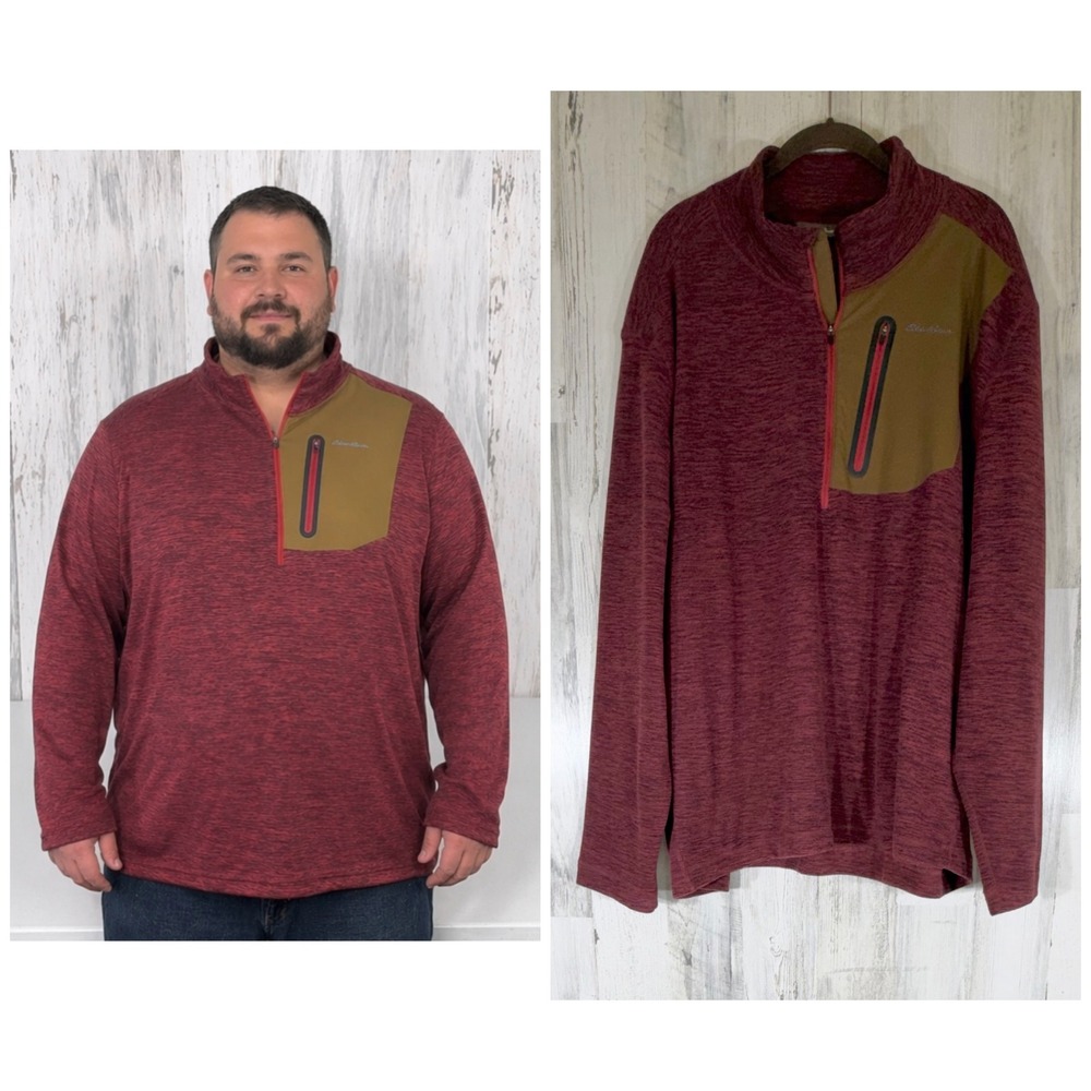 Eddie Bauer Pullover Fleece XXL Burgundy Heather 1/4 Zip Outdoor‎ Chest Pocket